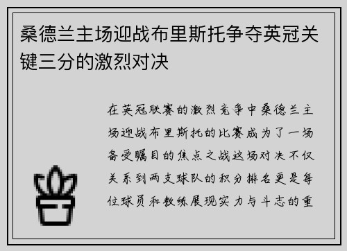 桑德兰主场迎战布里斯托争夺英冠关键三分的激烈对决